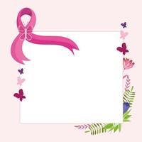 ruban rose de cancer du sein avec étiquette de décoration florale de fleurs de papillon vecteur