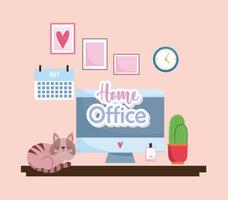 bureau à domicile intérieur écran d'ordinateur calendrier de bureau chat et cactus vecteur