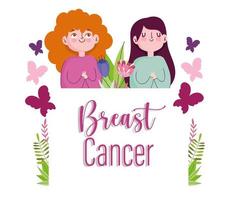 femmes de dessin animé de cancer du sein avec des fleurs de papillons avec lettrage vecteur