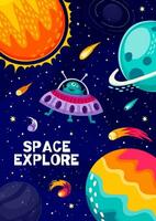 dessin animé espace paysage affiche, extraterrestre OVNI, planètes vecteur