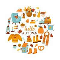 Bonjour l'automne carte avec feuille, citrouilles, chandail et autres. vecteur illustration