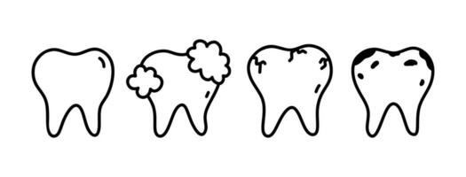 ensemble de en bonne santé et malade les dents isolé sur blanc Contexte. dentaire se soucier, oral hygiène. vecteur dessiné à la main illustration dans griffonnage style. parfait pour logo, divers conceptions.