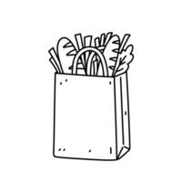 papier achats sac avec nourriture isolé sur blanc Contexte. vecteur dessiné à la main illustration dans griffonnage style. parfait pour cartes, décorations, logo. zéro déchets, écologie concept.