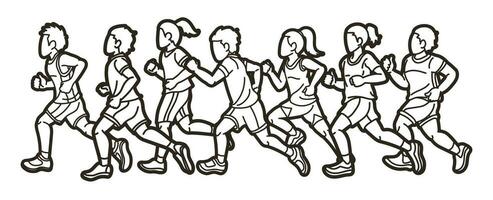 groupe de les enfants fonctionnement garçon et fille mélanger action coureur jouer ensemble dessin animé sport graphique vecteur