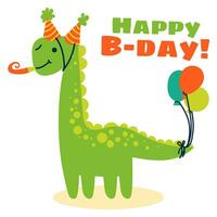 mignonne dessin animé brachiosaure dans une de fête chapeau et des ballons. une plat illustration de une enfants de fête dinosaure. le concept de content anniversaire. vecteur animal personnage est parfait pour salutation cartes