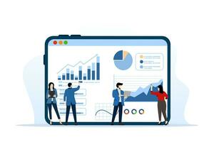 affaires équipe une analyse et surveillance concept sur la toile rapport tableau de bord moniteur. Les données une analyse recherche plat vecteur illustration conception pour affaires financier Planification concept, plat vecteur illustration.