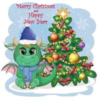 une mignonne dessin animé vert dragon dans une Père Noël chapeau détient une rouge cadeau et est assis suivant à le Noël arbre. 2024 Nouveau année vecteur