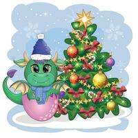 une mignonne dessin animé vert dragon dans une Père Noël chapeau détient une rouge cadeau et est assis suivant à le Noël arbre. 2024 Nouveau année vecteur