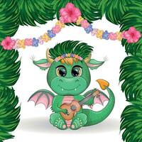 mignonne dessin animé vert bébé dragon avec ukulélé sur le plage. symbole de 2024 selon à le chinois calendrier vecteur