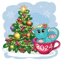 une mignonne dessin animé vert dragon dans une Père Noël chapeau détient une rouge cadeau et est assis suivant à le Noël arbre. 2024 Nouveau année vecteur