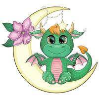 mignonne dessin animé vert bébé dragon sur le lune. symbole de 2024 selon à le chinois calendrier. vecteur