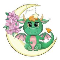 mignonne dessin animé vert bébé dragon sur le lune. symbole de 2024 selon à le chinois calendrier. vecteur