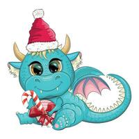 mignonne dessin animé vert dragon dans Père Noël chapeau. 2024 Nouveau année, chinois calendrier vecteur