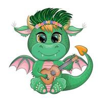 mignonne dessin animé vert bébé dragon avec ukulélé, vacances attirail. symbole de 2024 selon à le chinois vecteur