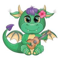 mignonne dessin animé vert bébé dragon avec ukulélé, vacances attirail. symbole de 2024 selon à le chinois vecteur