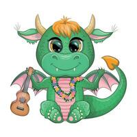 mignonne dessin animé vert bébé dragon avec ukulélé, vacances attirail. symbole de 2024 selon à le chinois vecteur