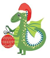 année de le dragon 2024, chinois calendrier. mignonne vert Noël dragon dans Père Noël chapeau vecteur