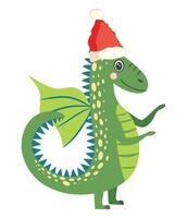 année de le dragon 2024, chinois calendrier. mignonne vert Noël dragon dans Père Noël chapeau vecteur