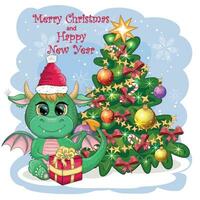 une mignonne dessin animé vert dragon dans une Père Noël chapeau détient une rouge cadeau et est assis suivant à le Noël arbre. 2024 Nouveau année vecteur