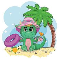 mignonne dessin animé vert bébé dragon dans une chapeau sur le plage dans Hawaii. symbole de 2024 selon à le chinois calendrier vecteur