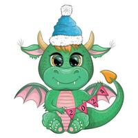 mignonne dessin animé vert dragon dans Père Noël chapeau. 2024 Nouveau année, chinois calendrier vecteur