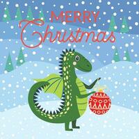 Noël carte avec mignonne vert dragon. année de le dragon 2024, Chine vecteur