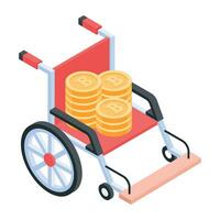 fauteuil roulant et bitcoin, concept de invalidité allocation isométrique icône vecteur