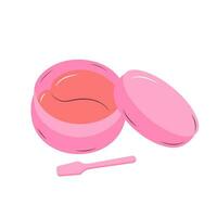 mignonne rose hydrogel œil patchs. charme cosmétique produit pour soins de la peau. brillant beauté tampons dans une Plastique récipient avec applicateur. dessin animé plat icône. vecteur