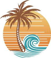 ancien plage et tropical île logo modèle vecteur illustration, ancien plage vagues et paume arbre dans le le coucher du soleil ou lever du soleil concept cercle en forme de symbole, agrafe art Stock vecteur image