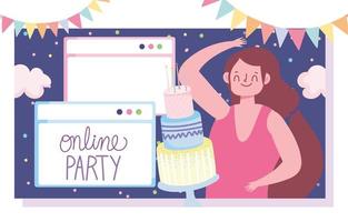 fête en ligne, site de fille avec décoration et célébration de gâteaux et fanions vecteur