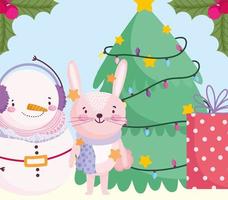 joyeux noël, mignon lapin de bonhomme de neige avec un cadeau d'arbre et un dessin animé de lumières vecteur