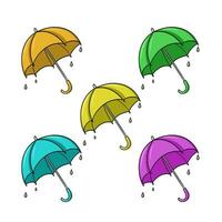 une ensemble de coloré Icônes, une brillant Extérieur parapluie avec gouttes de pluie, une vecteur illustration dans dessin animé style sur une blanc Contexte