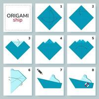 navire origami schème Didacticiel en mouvement modèle. origami pour enfants. étape par étape Comment à faire une mignonne origami l'eau transport. vecteur illustration.