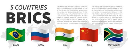 brics. association de 5 pays et drapeaux et carte . conception de drapeau ondulant. vecteur. vecteur