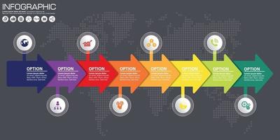 chronologie et flèche vecteur infographique. fond de carte du monde