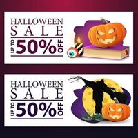 vente d'halloween, jusqu'à 50 de réduction, bannières Web à rabais horizontales blanches avec livre de sorts, épouvantail et citrouille jack vecteur