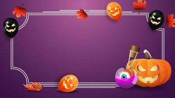 modèle d'halloween pour vos arts. modèle violet avec cadre pour texte, feuilles d'automne, ballons d'halloween, citrouille jack et potion de sorcière vecteur