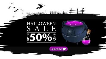 vente d'halloween, jusqu'à 50 de réduction, bannière noire déchirée avec chaudron de sorcière avec potion vecteur