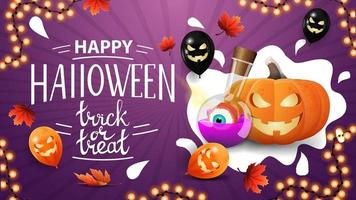 joyeux halloween, tour ou régal, carte postale violette de voeux créative avec un design minimaliste en gouttes d'eau, citrouille et potion de sorcière vecteur