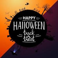 joyeux halloween, trick or treat, carte de voeux ronde noire avec silhouette de la planète la nuit d'halloween vecteur