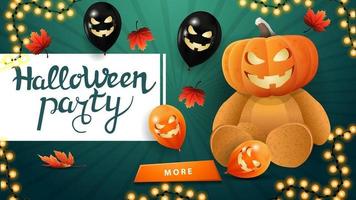 affiche horizontale d'invitation pour la fête d'halloween avec ours en peluche avec tête de citrouille jack vecteur