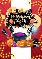 fête d'halloween, affiche d'invitation rouge avec guitares, microphone, chaudron de sorcière, citrouilles et ballons d'halloween vecteur