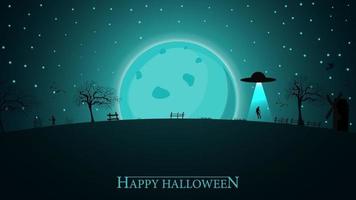 fond d'halloween. paysage de nuit d'halloween avec grande lune bleue et vaisseau extraterrestre vecteur