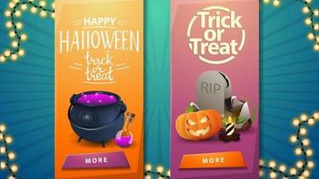 deux modèles de voeux d'halloween pour votre créativité dans les rubans verticaux foma avec chaudron de sorcière avec potion, pierre tombale et jack citrouille vecteur