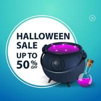 vente d'halloween, jusqu'à 50 de réduction, bannière de remise carrée avec chaudron de sorcière avec potion vecteur