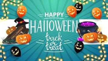 joyeux halloween, trick or treat, carte bleue de voeux avec ballons halloween, panneau en bois, chaudron de sorcière et citrouille jack vecteur