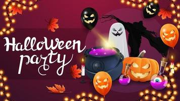 fête d'halloween, affiche d'invitation rose horizontale avec chaudron de sorcière, fantôme, épouvantail, citrouille jack, ballons d'halloween, feuilles d'automne et guirlande. vecteur