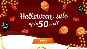 vente d'halloween, jusqu'à 50 de réduction, bannière web rouge avec ballons d'halloween, guirlande et feuilles d'automne vecteur