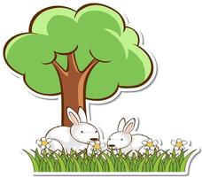 Sticker deux lapins blancs sous l'arbre vecteur