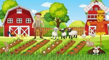 scène de ferme pendant la journée avec un vieil homme fermier et des animaux mignons vecteur
